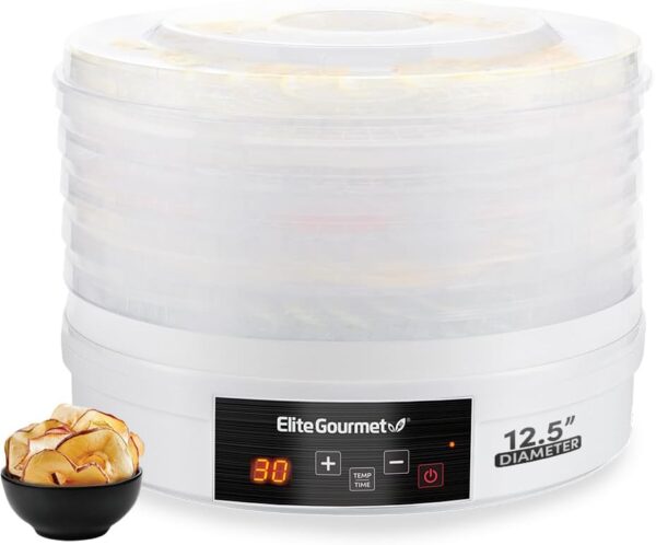 Elite Gourmet EFD770WD Digital Food Dehydrator with 5x12.5” BPA Free Trays, Adjustable 48-hr Timer and Temperature from 95~158F, Jerky, Herbs, Fruit, Veggies, Dried Snacks, White