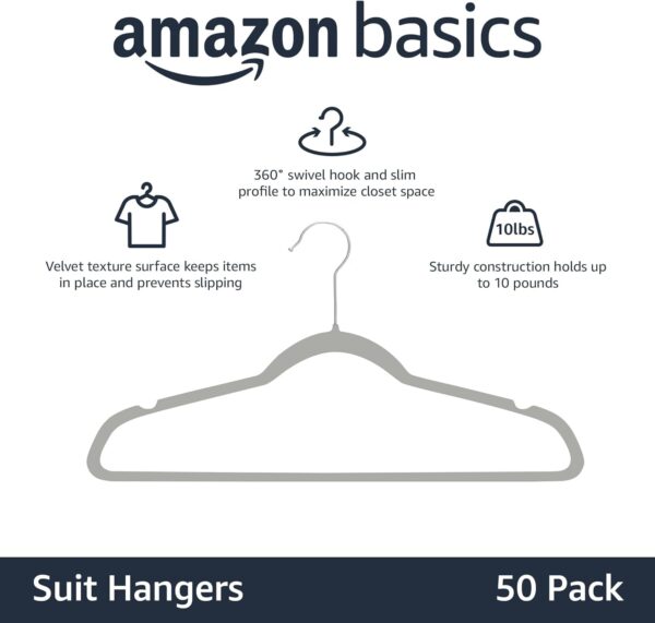 Amazon Basics Slim, Velvet, Non-Slip Suit Clothes Hangers, Gray/Silver - Pack of 50 - Image 2