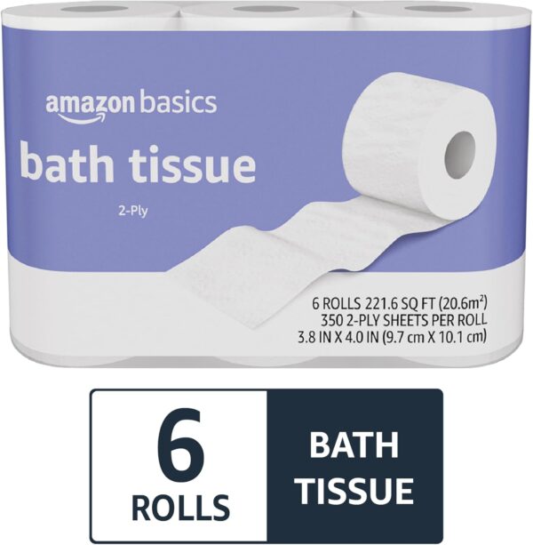 Amazon Basics 2-Ply Toilet Paper 6 Rolls = 24 Regular Rolls, 350 Sheets, (1 Pack of 6), Unscented - Image 4