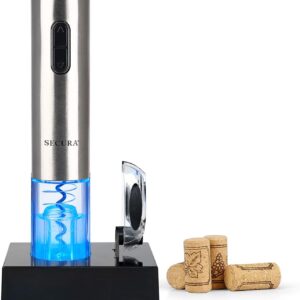 Secura Electric Wine Opener, Automatic Electric Wine Bottle Corkscrew Opener with Foil Cutter, Rechargeable (Stainless Steel)