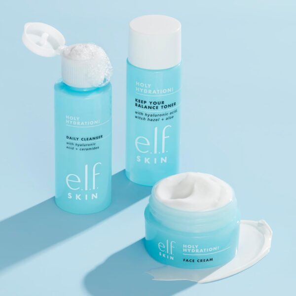 e.l.f. Skin Holy Hydration! The Essentials Mini Kit, Cleanser, Toner & Moisturizer for Hydrated & Balanced Skin, TSA-Friendly Sizes - Image 6