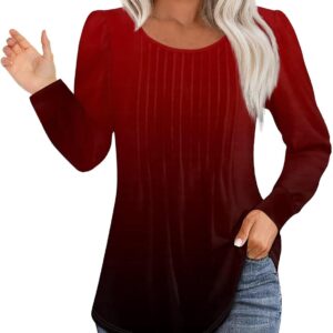 Valentines Day Tops for Women Love Heart Print Shirt Spring Long Sleeve Round Neck Pleated Tunic Tops Blouses