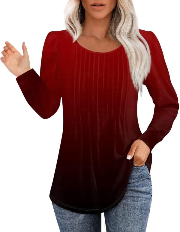Valentines Day Tops for Women Love Heart Print Shirt Spring Long Sleeve Round Neck Pleated Tunic Tops Blouses