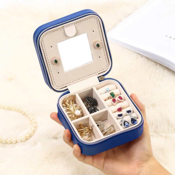 Jewelry Travel Case with Mirror,Small Travel Jewelry Organizer, Portable Jewelry Box Travel Mini Organizer Portable Display Storage Box For Rings Earrings Necklaces (NavyBlue) - Image 2