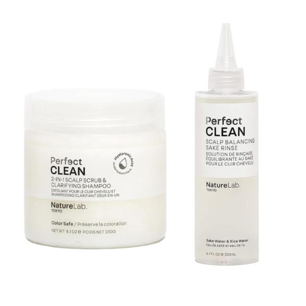 NATURELAB. TOKYO Perfect Clean Clarifying Scalp Scrub 2-in-1 Shampoo and Scalp Scrub Hair Treatment (8.1 oz) & Perfect Clean Scalp Balancing Sake Rinse (7 oz)