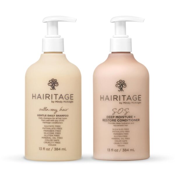 Hairitage Outta My Hair Gentle Daily Shampoo - Cleanses and Hydrates with Jojoba Oil - SOS Deep Moisture and Restore Conditioner for Thick Hair with Safflower Oil - 13 oz