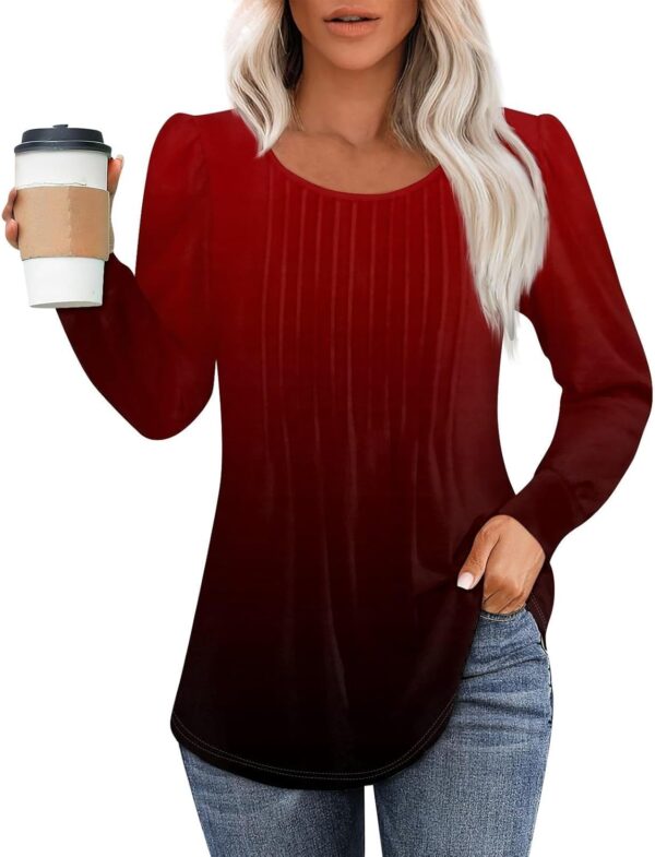Valentines Day Tops for Women Love Heart Print Shirt Spring Long Sleeve Round Neck Pleated Tunic Tops Blouses - Image 4
