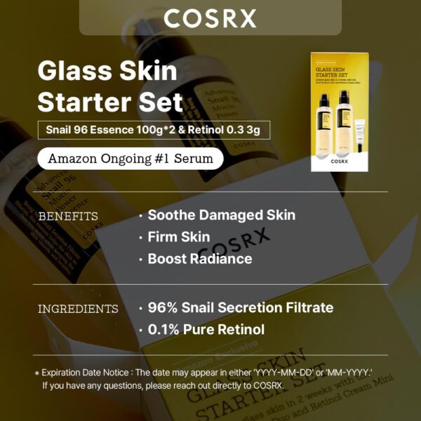COSRX Glass Skin Starter Set, Amazon Exclusive, Advanced Snail 96% Mucin Power Essence & Retinol 0.1% Cream Mini Sample, Daily Hydrating & Firming Korean Skin Care Kit, Gift Set - Image 2