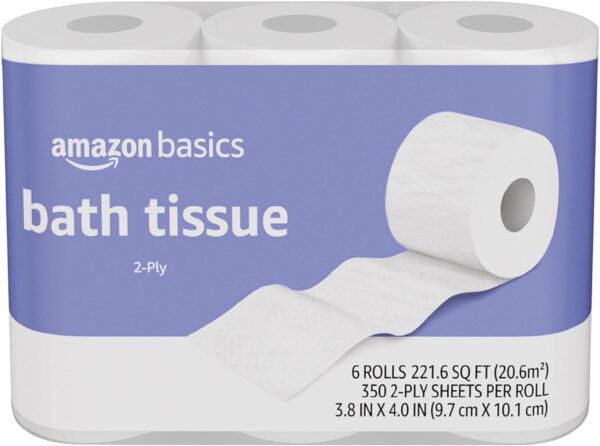 Amazon Basics 2-Ply Toilet Paper 6 Rolls = 24 Regular Rolls, 350 Sheets, (1 Pack of 6), Unscented