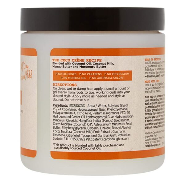 Carol’s Daughter Coco Creme Curl Shaping Cream Gel, with Coconut Oil, Coconut Milk, Silicone Free, Paraben Free Hair Gel for Curly Hair , Mineral Oil Free, for Very Dry Hair, 16 Oz - Image 5