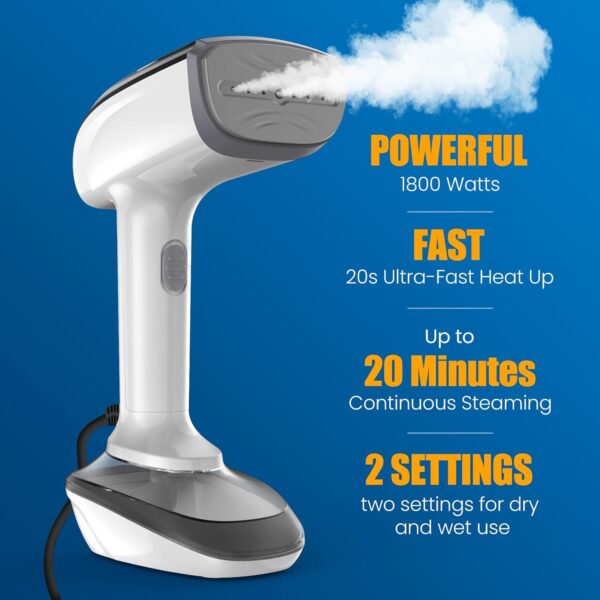 Powerful Handheld Fabric Steamer - 1800W with Fast Ceramic Heat-Up Plate, 2-in-1 Ironing & Wrinkle Remover, Steam Nozzle, Lint Brush - White, for US 120V Only - Image 2