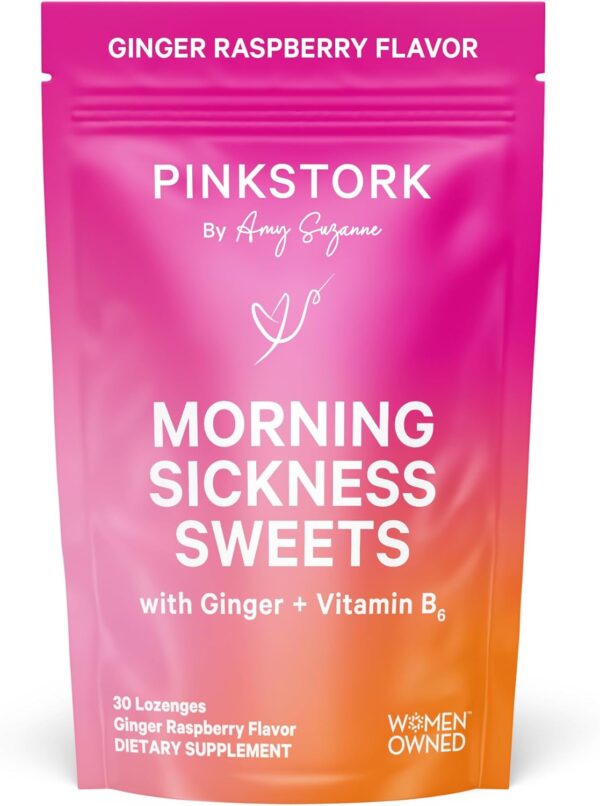 Pink Stork Morning Sickness Sweets, Organic Raspberry Ginger Candy with Vitamin B6 for Morning Sickness, Motion Sickness, Prenatal Heartburn - Pregnancy Must Haves - 30 Wrapped Drops