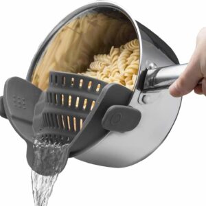 Kitchen Gizmo Snap N\' Strain - Silicone Pasta Strainer Clip-On for Pots and Pans - Heat Resistant Colander for Vegetables and Noodles - Kitchen Gadgets for Cooking - Space-Saving Design - Grey