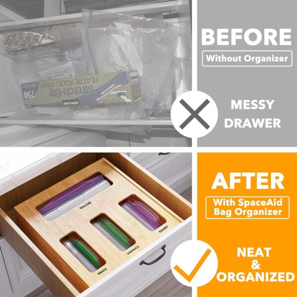 SpaceAid Bag Storage Organizer for Kitchen Drawer, Bamboo Organizer, Compatible with Gallon, Quart, Sandwich and Snack Variety Size Bag (1 Box 4 Slots) - Image 2