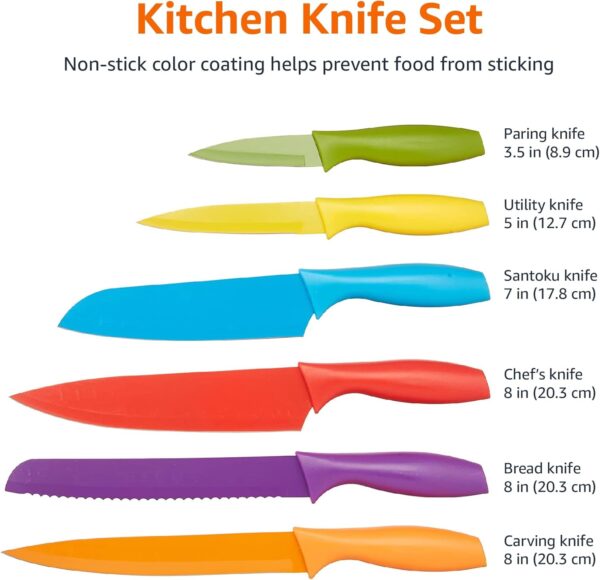 Amazon Basics Color-Coded Dishwasher Safe Kitchen 12-Piece Knife Set, 6 Knives with 6 Blade Guards, Multicolor, 13.88 x 4.13 x 1.38 inch - Image 5