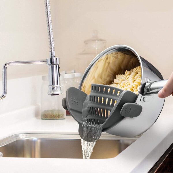 Kitchen Gizmo Snap N\' Strain - Silicone Pasta Strainer Clip-On for Pots and Pans - Heat Resistant Colander for Vegetables and Noodles - Kitchen Gadgets for Cooking - Space-Saving Design - Grey - Image 2