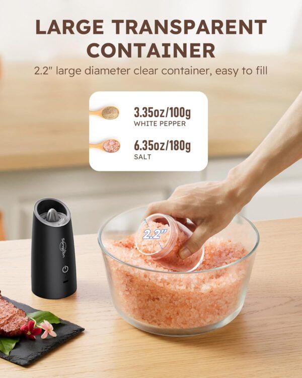 Sangcon Gravity Electric Salt and Pepper Grinder Set RECHARGEABLE Automatic Salt Pepper Shakers USB-C No Battery Needed - LED Light One Hand Operation, Adjustable Coarseness Pepper Mill Set - Image 6