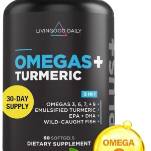 Livingood Daily Omega 3 6 9 Plus Turmeric Curcumin - Omega 3 Supplement (EPA & DHA) - Supports Heart Health - Joint Supplements - 60 Softgels