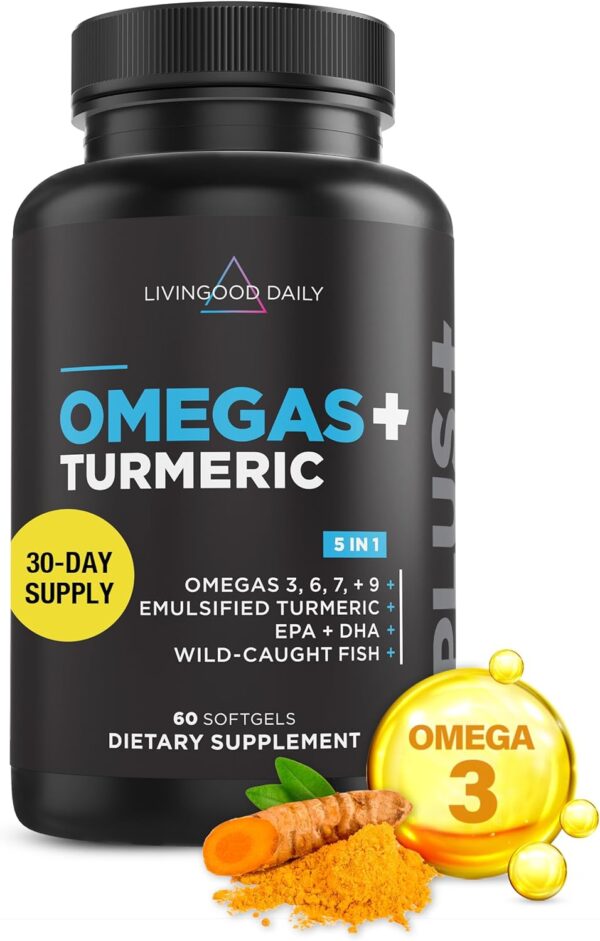 Livingood Daily Omega 3 6 9 Plus Turmeric Curcumin - Omega 3 Supplement (EPA & DHA) - Supports Heart Health - Joint Supplements - 60 Softgels