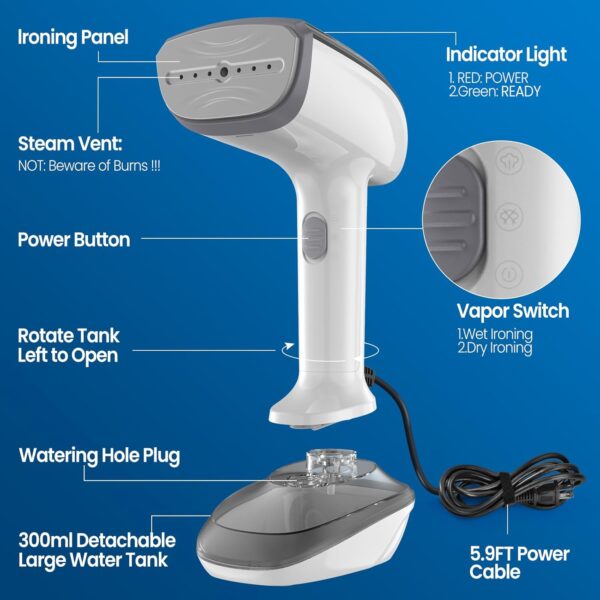 Powerful Handheld Fabric Steamer - 1800W with Fast Ceramic Heat-Up Plate, 2-in-1 Ironing & Wrinkle Remover, Steam Nozzle, Lint Brush - White, for US 120V Only - Image 4