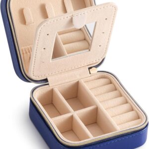 Jewelry Travel Case with Mirror,Small Travel Jewelry Organizer, Portable Jewelry Box Travel Mini Organizer Portable Display Storage Box For Rings Earrings Necklaces (NavyBlue)