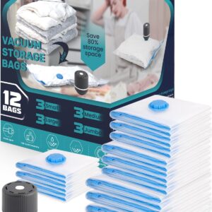 Vacuum Storage Bags 12 Pack Vacuum Sealed Bags for Clothing Vacuum Seal Bags Space Saver Bags Compression Bags Vacuum Bags for Travel with 1 Electric Pump (3 Jumbo/3 Large/3 Medium/3 Small)