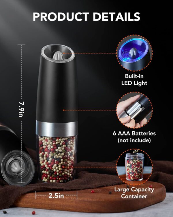 FORLIM Gravity Electric Salt and Pepper Grinder Set, Automatic Pepper Grinder Shakers Mill, Upgraded Batteries Powered Adjustable Coarseness with LED, One Hand Operation Perfect for Kitchen(Black) - Image 4