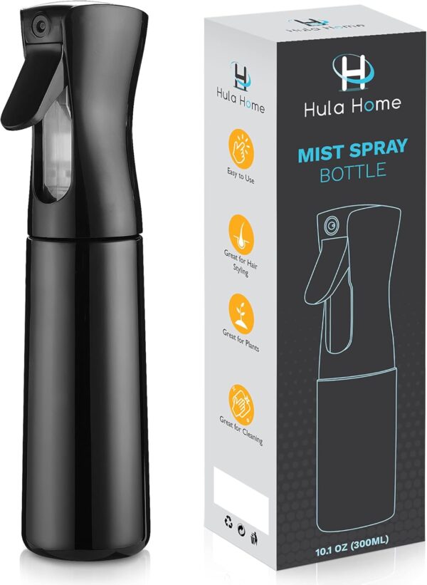 Hula Home Spray Bottle for Hair (10.1oz/300ml) - Powered by Flairosol® Spray Technology - Continuous Ultra Fine Mist Sprayer – For Hairstyling, Cleaning, Salons, Plants, Essential Oil & More - Black