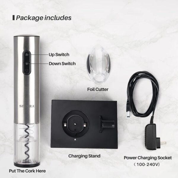 Secura Electric Wine Opener, Automatic Electric Wine Bottle Corkscrew Opener with Foil Cutter, Rechargeable (Stainless Steel) - Image 6