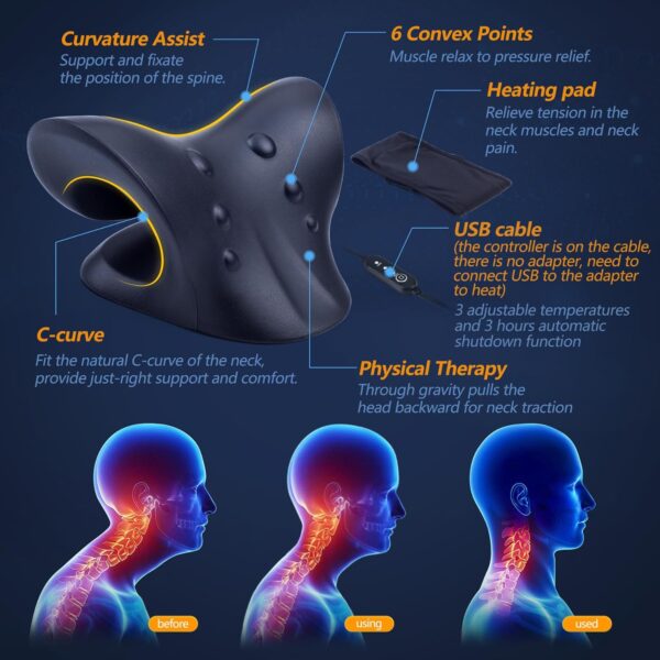 Cozyhealth Neck Stretcher for Neck Pain Relief, Heated Cervical Traction Device Pillow with Graphene Heating Pad, Neck and Shoulder Relaxer for TMJ Pain Relief and Cervical Spine Alignment (Black) - Image 2