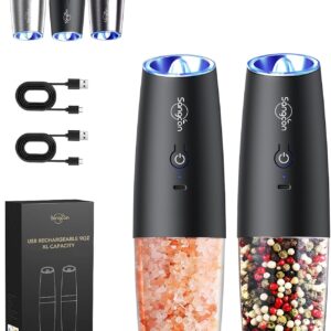 Sangcon Gravity Electric Salt and Pepper Grinder Set RECHARGEABLE Automatic Salt Pepper Shakers USB-C No Battery Needed - LED Light One Hand Operation, Adjustable Coarseness Pepper Mill Set