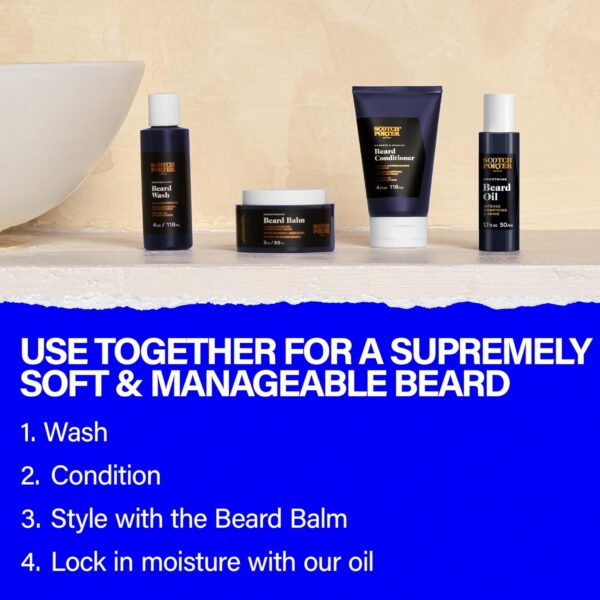 Scotch Porter Beard Kit – Cleanse, Moisturize, Soothe & Style Coarse, Dry Beard Hair while Encouraging Growth for a Fuller/Healthier-Looking Beard – Includes Wash, Conditioner, Serum & Balm - Image 6
