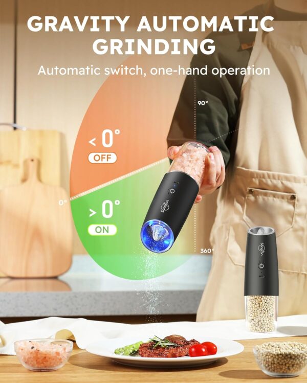 Sangcon Gravity Electric Salt and Pepper Grinder Set RECHARGEABLE Automatic Salt Pepper Shakers USB-C No Battery Needed - LED Light One Hand Operation, Adjustable Coarseness Pepper Mill Set - Image 3