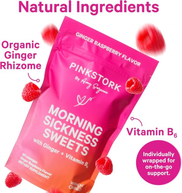 Pink Stork Morning Sickness Sweets, Organic Raspberry Ginger Candy with Vitamin B6 for Morning Sickness, Motion Sickness, Prenatal Heartburn - Pregnancy Must Haves - 30 Wrapped Drops - Image 2