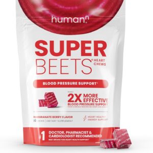 humanN SuperBeets Heart Chews, Nitric Oxide and Blood Pressure Support, Grape Seed Extract & Non-GMO Beet Root Powder Energy Chews, Super Beets Heart Chews, Pomegranate Berry Flavor, 60 Count