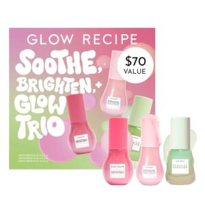 Glow Recipe Soothe, Glow & Bright Gift Set - Holiday Skincare Set with Niacinamide Dew Drops Face Serum + Avocado Ceramide Facial Serum + Guava Dark Spot Serum - Korean Skincare Travel Kit (3 Count)