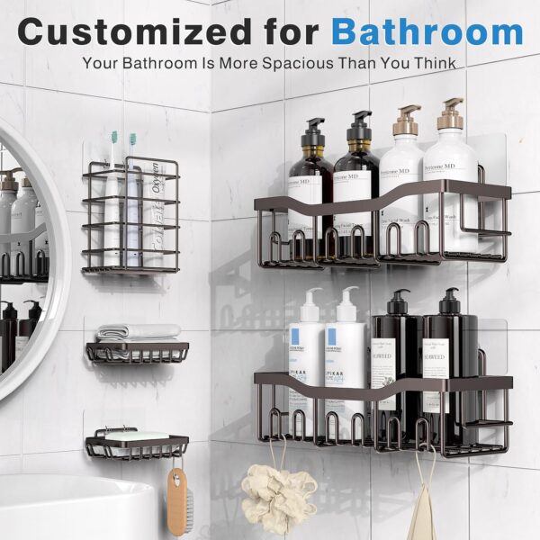 Shower Caddy 5 Pack,Adhesive Shower Organizer for Bathroom Storage&Home Decor&Kitchen,No Drilling,Large Capacity,Rustproof Stainless Steel Bathroom Organizer,Shower Shelves for Inside Shower-Larger - Image 2