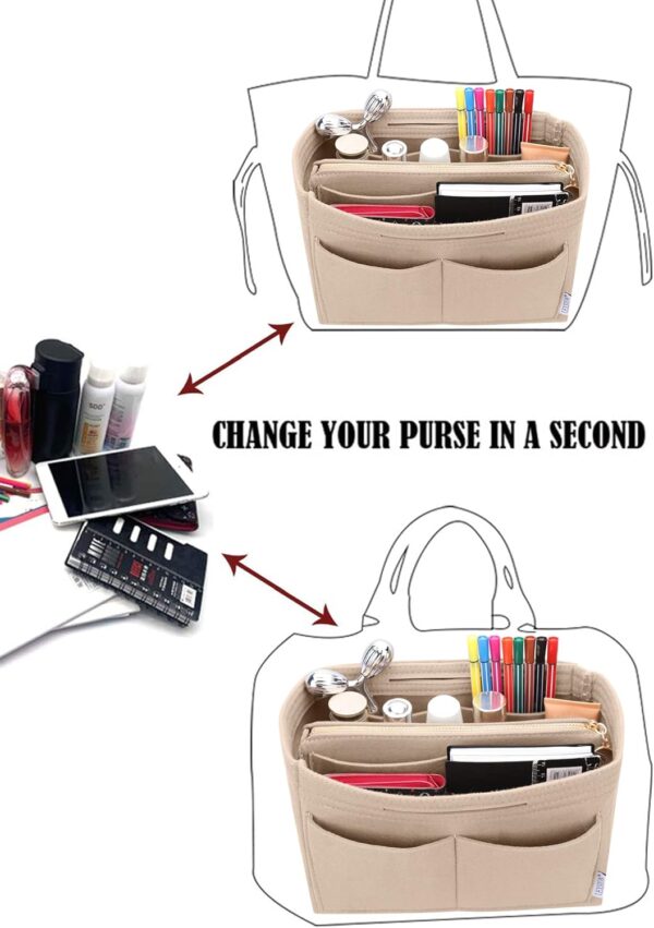 LEXSION Felt Purse Bag Organizer Insert with zipper Bag Tote Shaper Fit Speedy Neverful PM MM - Image 5