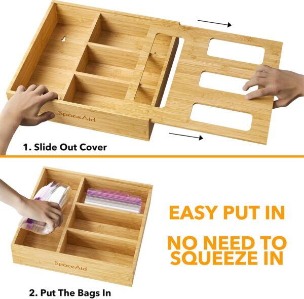 SpaceAid Bag Storage Organizer for Kitchen Drawer, Bamboo Organizer, Compatible with Gallon, Quart, Sandwich and Snack Variety Size Bag (1 Box 4 Slots) - Image 4
