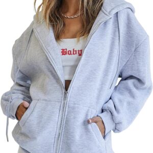 EFAN Women\'s Drawstring Zip Up Cute Hoodies Fall Jacket Oversized Casual Sweatshirts with Pocket