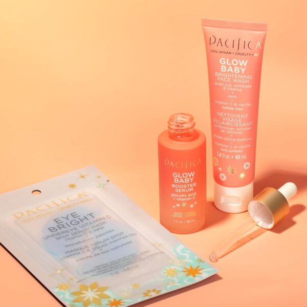 Pacifica Beauty | Glow Baby Vitamin C Trial + Value Kit | 3-Piece Skin Care Gift Set | Travel Friendly | Brightening Face Serum, Face Wash/Cleanser, Under Eye Patches | Glycolic Acid, AHA | Vegan - Image 3