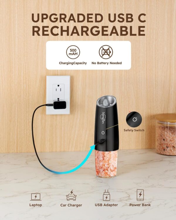 Sangcon Gravity Electric Salt and Pepper Grinder Set RECHARGEABLE Automatic Salt Pepper Shakers USB-C No Battery Needed - LED Light One Hand Operation, Adjustable Coarseness Pepper Mill Set - Image 2