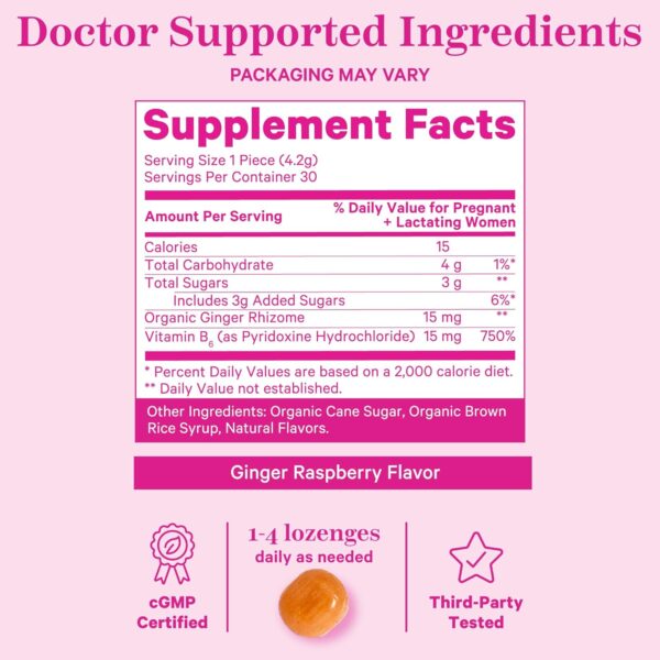 Pink Stork Morning Sickness Sweets, Organic Raspberry Ginger Candy with Vitamin B6 for Morning Sickness, Motion Sickness, Prenatal Heartburn - Pregnancy Must Haves - 30 Wrapped Drops - Image 4