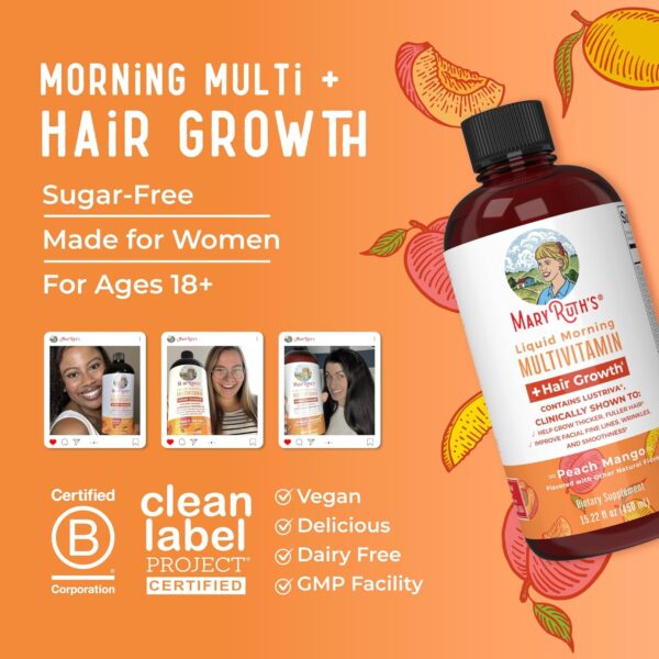 MaryRuth\'s Liquid Multivitamin + Lustriva® Hair Growth for Women| Biotin 10000mcg | Vitamin D | B Vitamins |Clinically Tested for Thicker Hair, Wrinkles, Fine Lines, Skin Care| Ages 18+ | 15.22 Fl Oz - Image 4