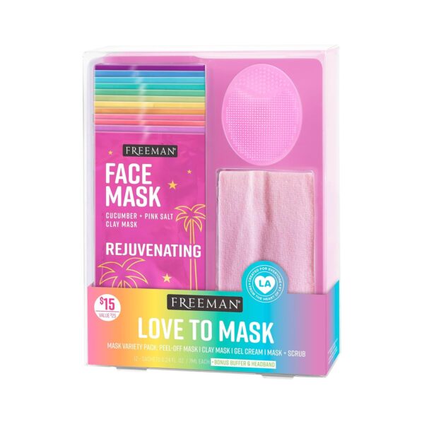 Freeman 14 Piece Love To Mask Variety Pack, Face Masks For All Skin Types, Hydrate, Detoxify, & Clear Skin, Exfoliating Scrub, Bonus Headband & Skin Buffer, Stocking Stuffer, Cruelty-Free & Vegan - Image 3