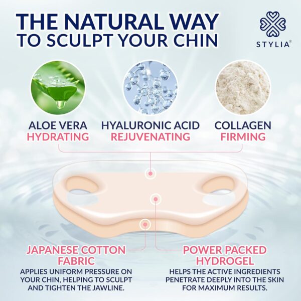 Stylia Double Chin Mask - V Line Chin Strap - Toning Hydrogel Collagen Face Mask with Hyaluronic Acid & Aloe Vera - 5PC - Image 3