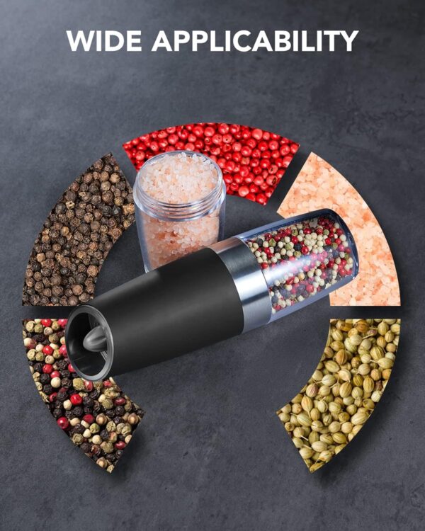 FORLIM Gravity Electric Salt and Pepper Grinder Set, Automatic Pepper Grinder Shakers Mill, Upgraded Batteries Powered Adjustable Coarseness with LED, One Hand Operation Perfect for Kitchen(Black) - Image 2