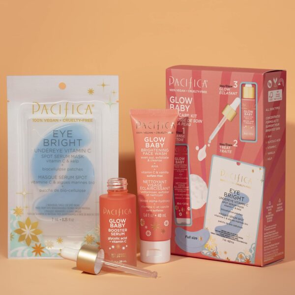 Pacifica Beauty | Glow Baby Vitamin C Trial + Value Kit | 3-Piece Skin Care Gift Set | Travel Friendly | Brightening Face Serum, Face Wash/Cleanser, Under Eye Patches | Glycolic Acid, AHA | Vegan - Image 4
