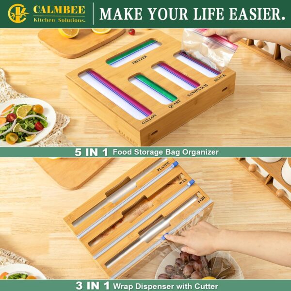 Calmbee Storage Bag Organizer, Foil and plastic Wrap Organizer with Cutter, Kitchen Organizers and Storage Compatible with Gallon, Quart, Sandwich, Snack Bags and 12 - Image 5