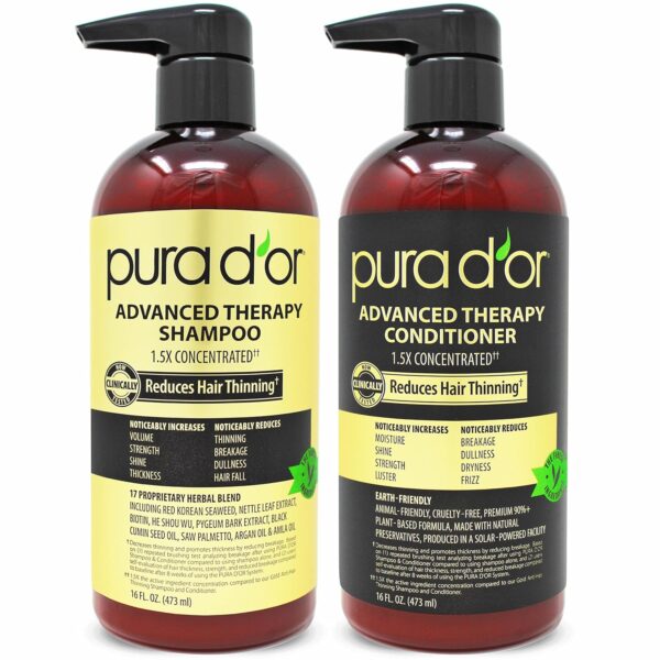 PURA D\'OR Advanced Therapy Biotin Shampoo & Conditioner Hair Care Set For Hair Thinning, CLINICALLY TESTED Effective Results, DHT Blocker Hair Thickening Products For Women & Men, 16oz x2
